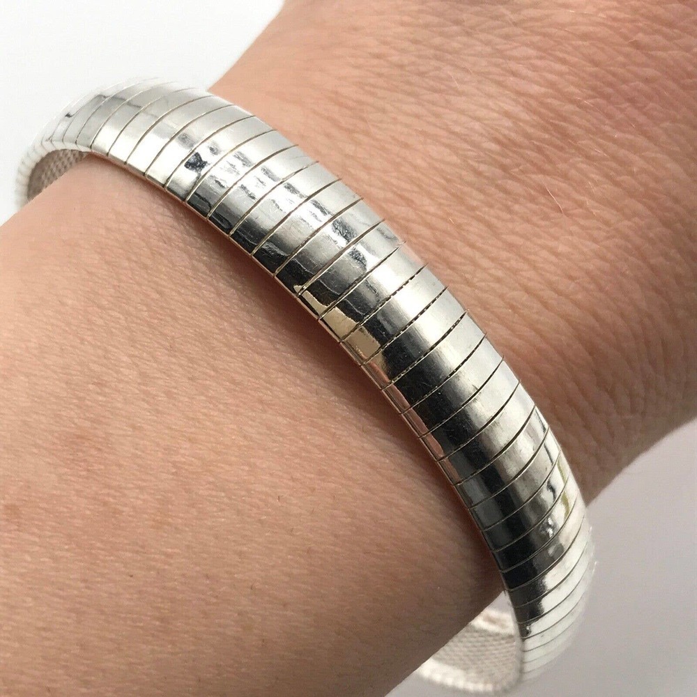 925 Italian Sterling Silver Flat Shiny Wide Omega Chain Link Estate Bracelet 8"
